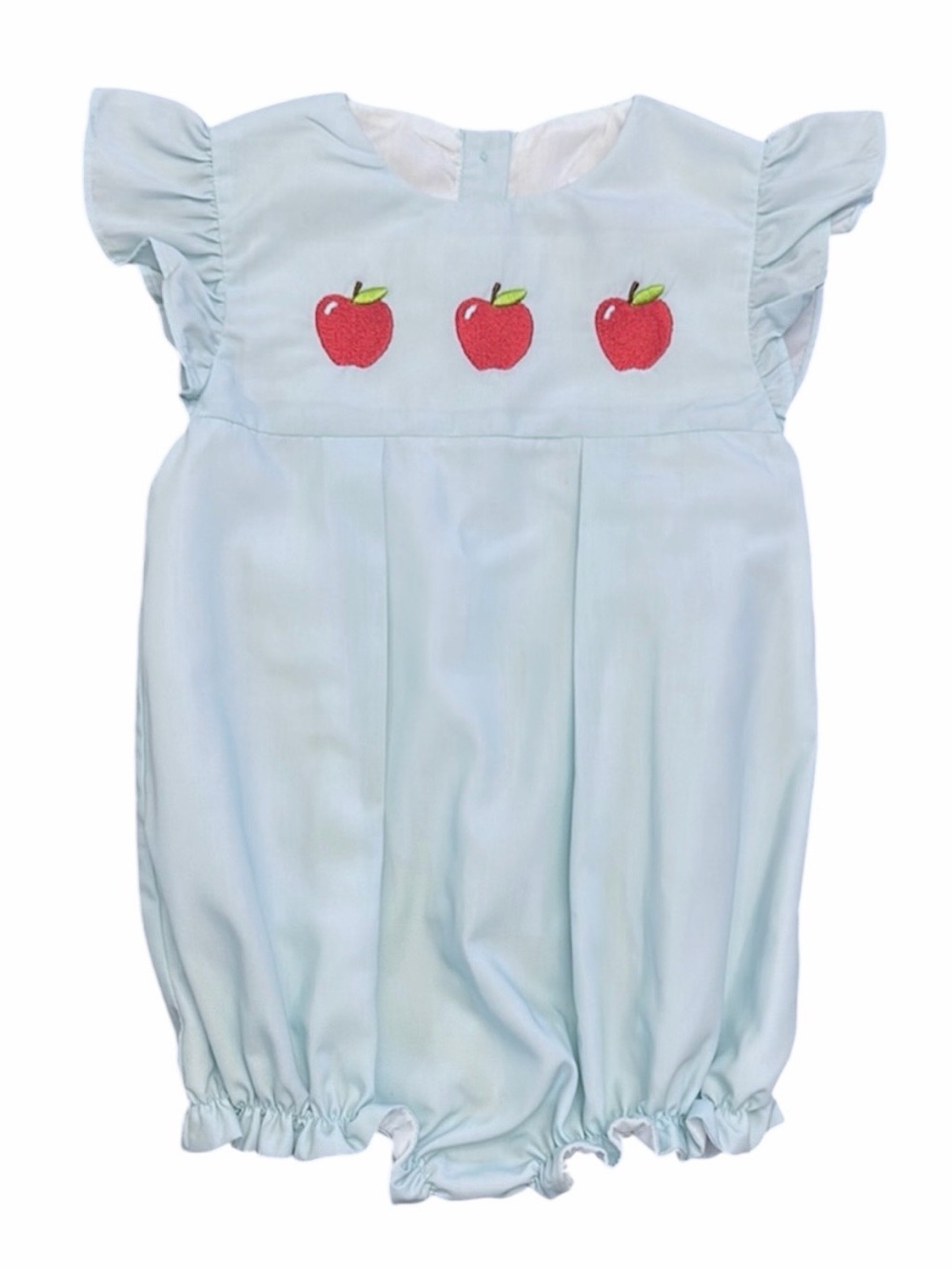 NWOT The Smocking Place Light Blue bubble Romper with Apple Embroidery 12mo